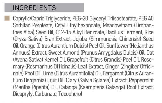 List of ingredients on a Noor Pre-Oil Cleanser label with a white background.