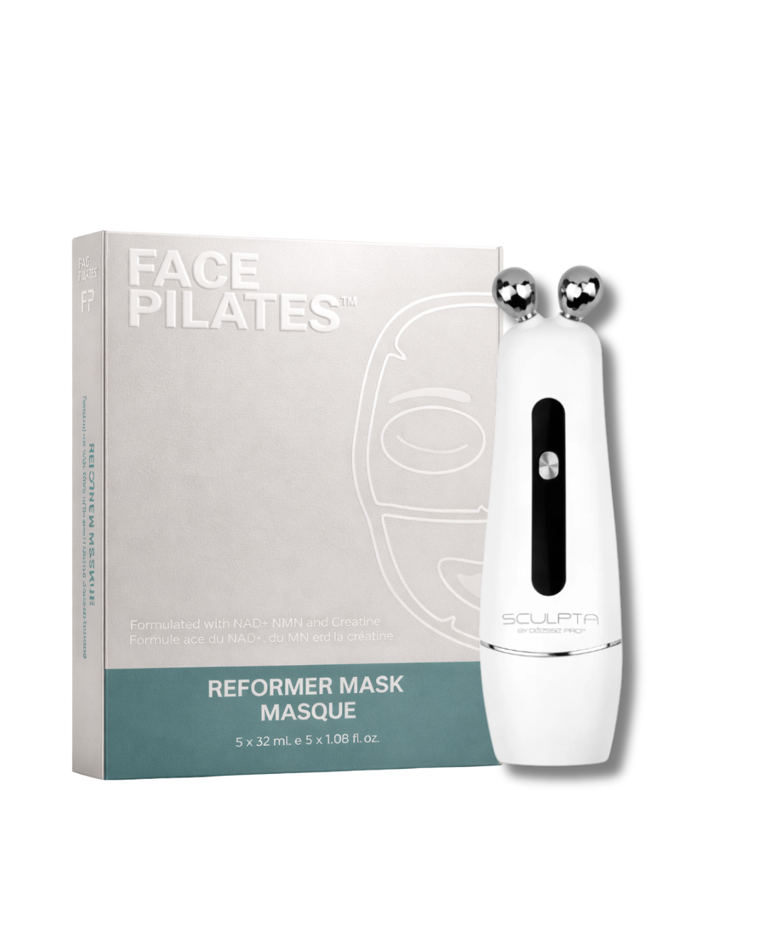 Facial mask reformer with packaging on a white background along with Sculpta device.