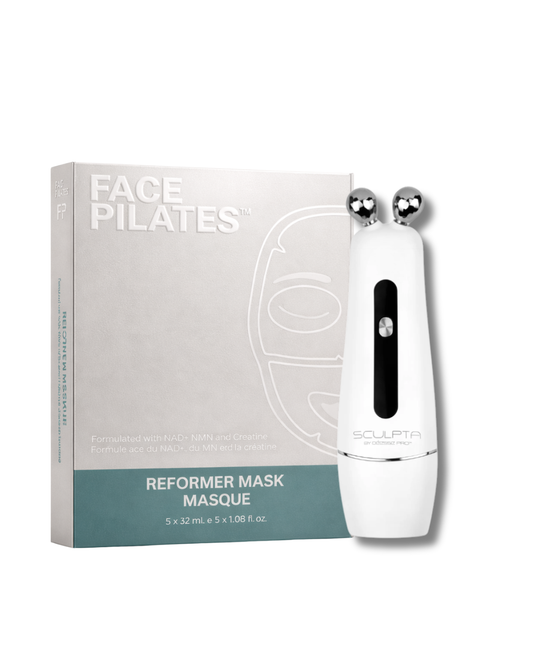 Facial mask reformer with packaging on a white background along with Sculpta device.