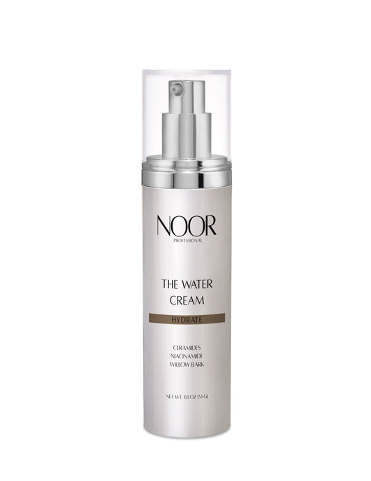 Skincare bottle labeled 'NOOR The Water Cream' on a white background